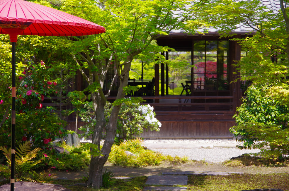 red Japanese umbrella (parasol) and traditional house